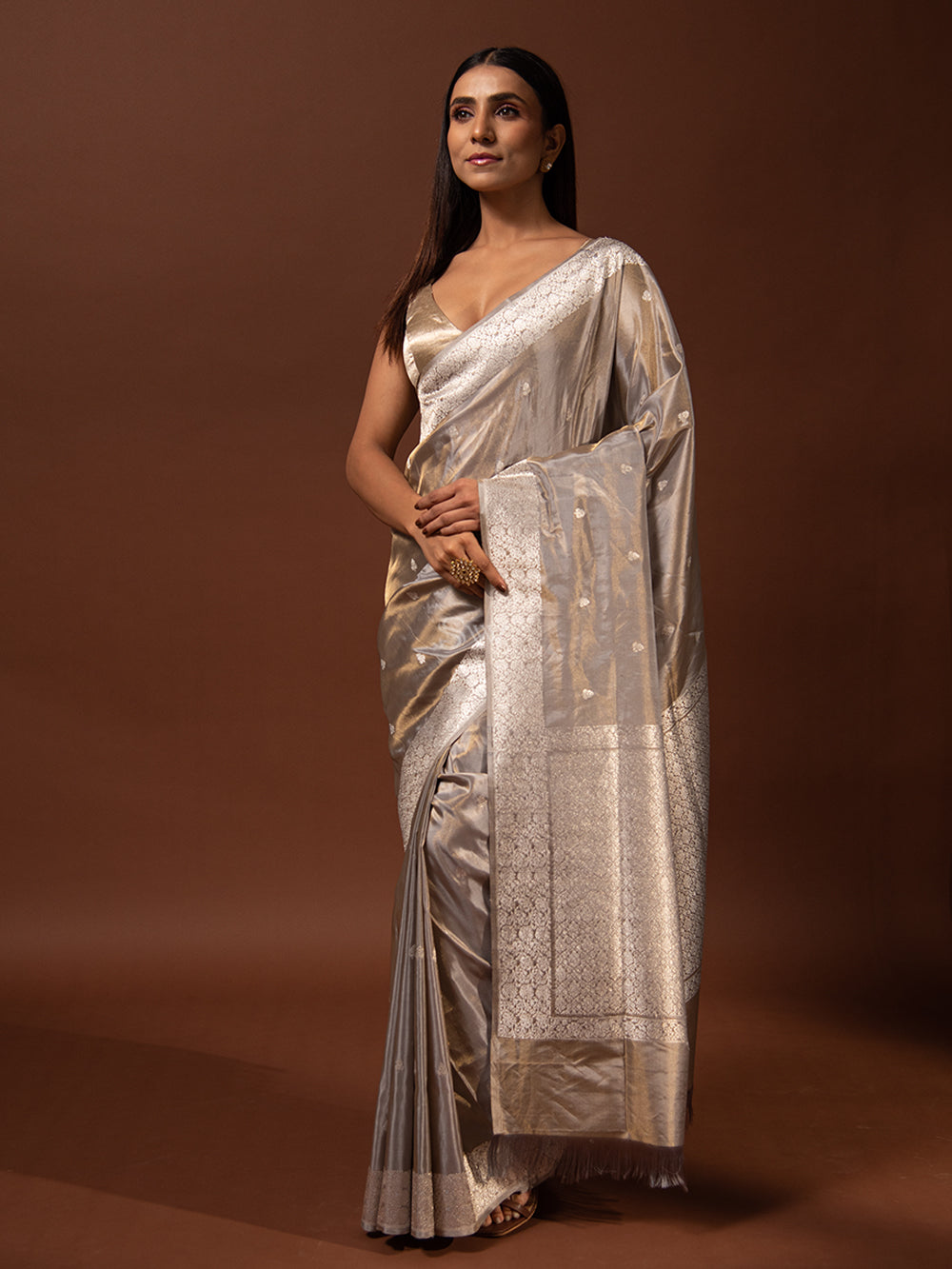 Grey Katan Silk Tissue Handloom Banarasi Saree - Sacred Weaves