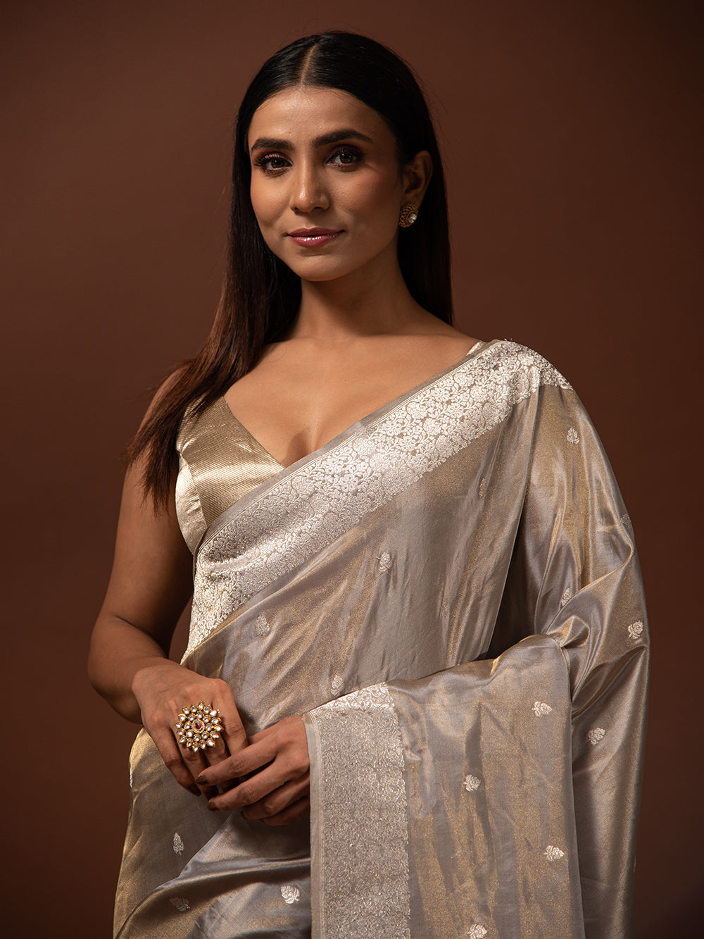 Grey Katan Silk Tissue Handloom Banarasi Saree - Sacred Weaves