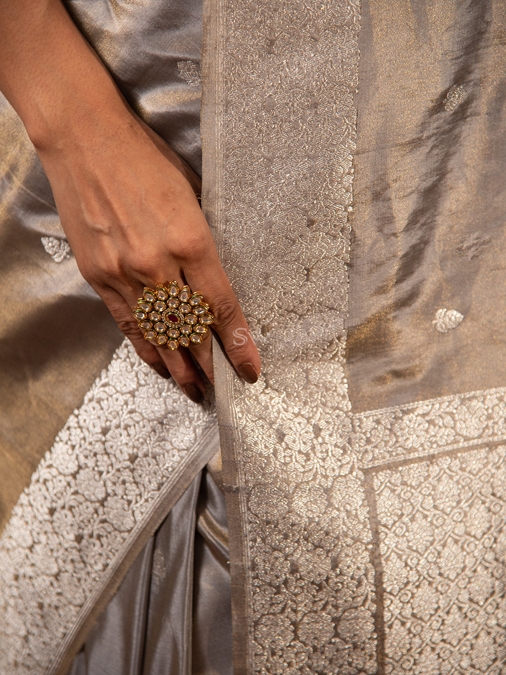 Grey Katan Silk Tissue Handloom Banarasi Saree - Sacred Weaves