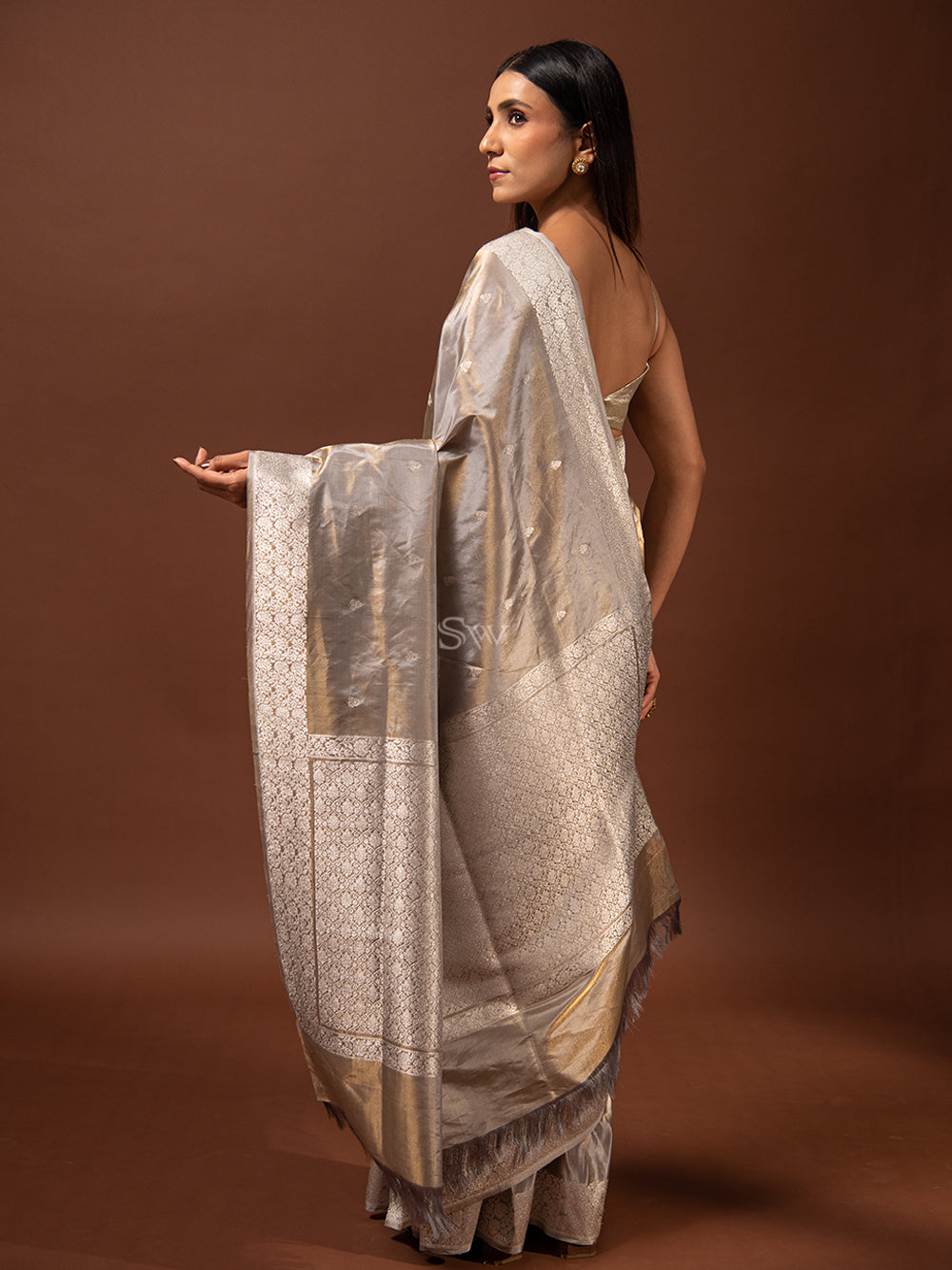 Grey Katan Silk Tissue Handloom Banarasi Saree - Sacred Weaves