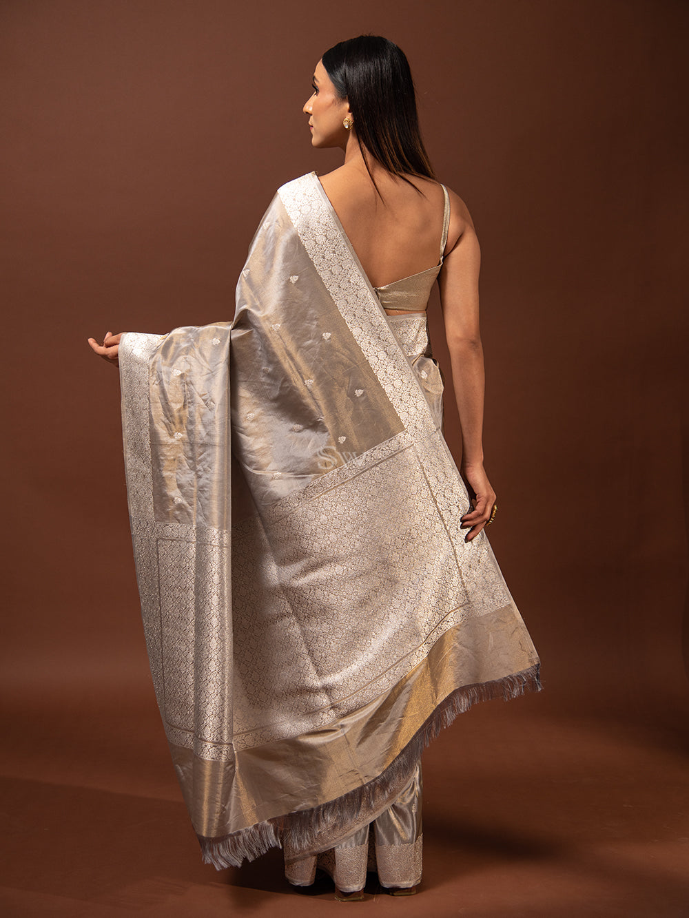 Grey Katan Silk Tissue Handloom Banarasi Saree - Sacred Weaves