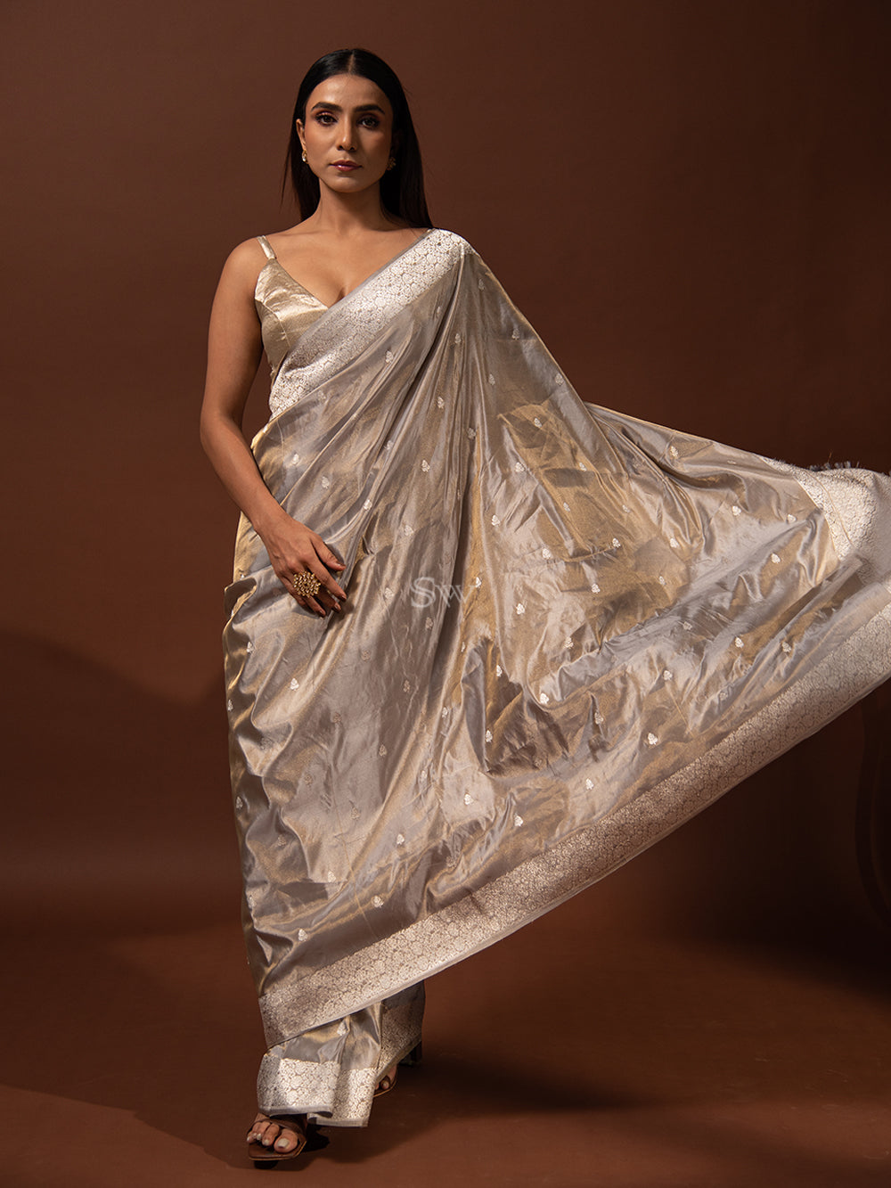 Grey Katan Silk Tissue Handloom Banarasi Saree - Sacred Weaves
