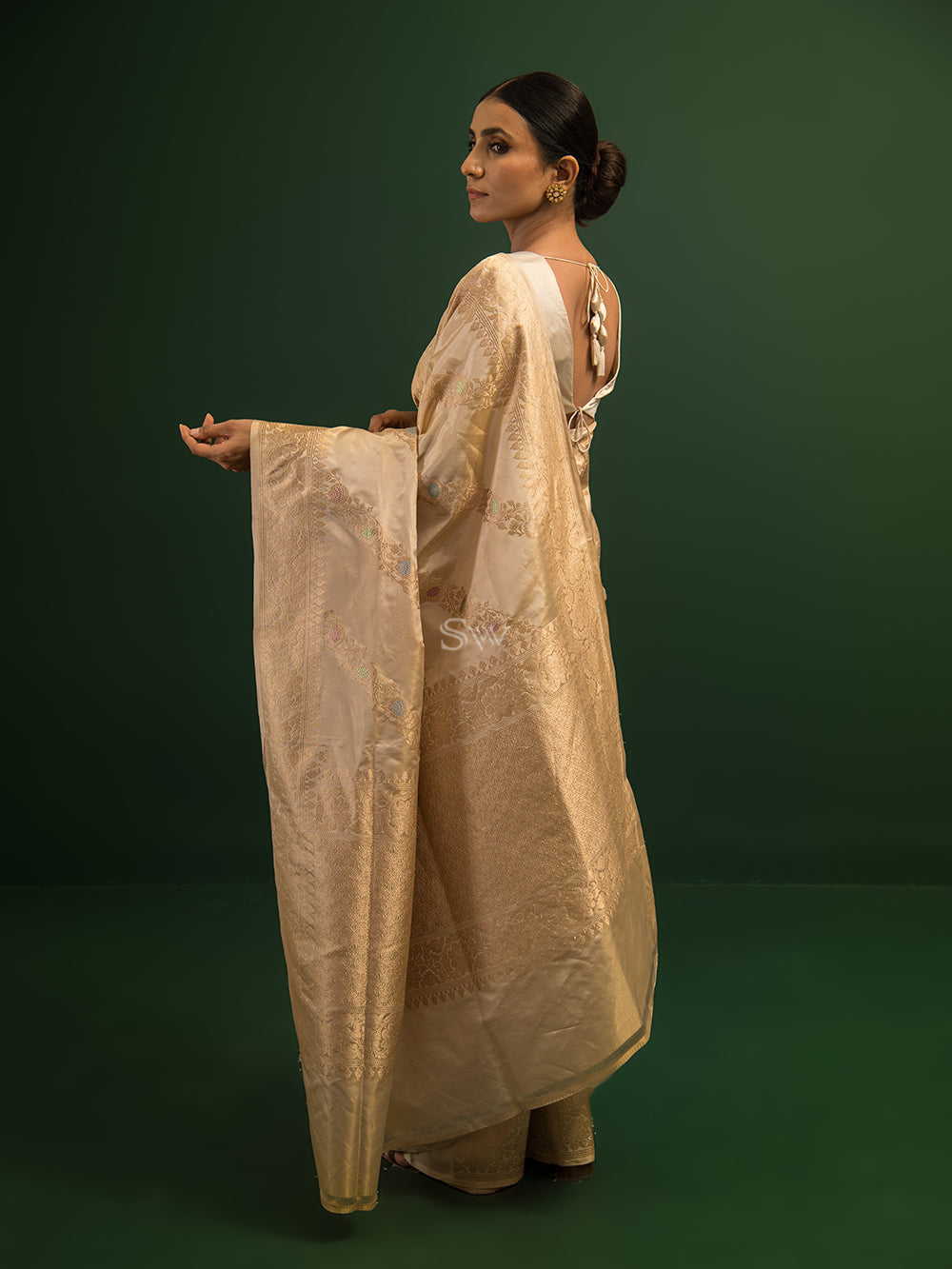 Beige Meenakari Katan Silk Tissue Handloom Banarasi Saree - Sacred Weaves
