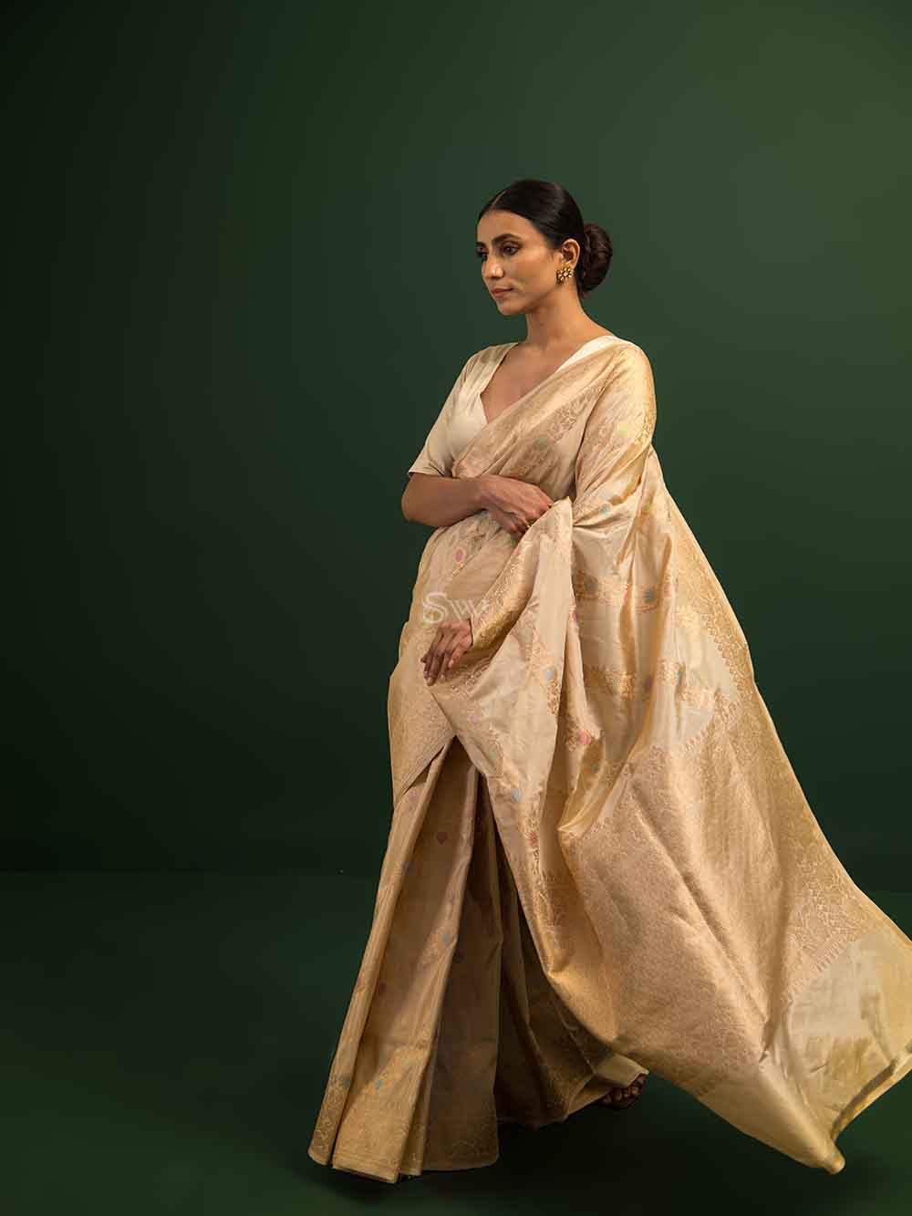 Beige Meenakari Katan Silk Tissue Handloom Banarasi Saree - Sacred Weaves