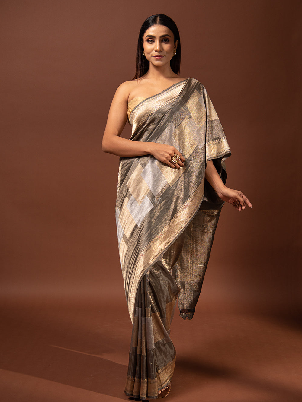 Dark Grey Katan Silk Tissue Handloom Banarasi Saree - Sacred Weaves