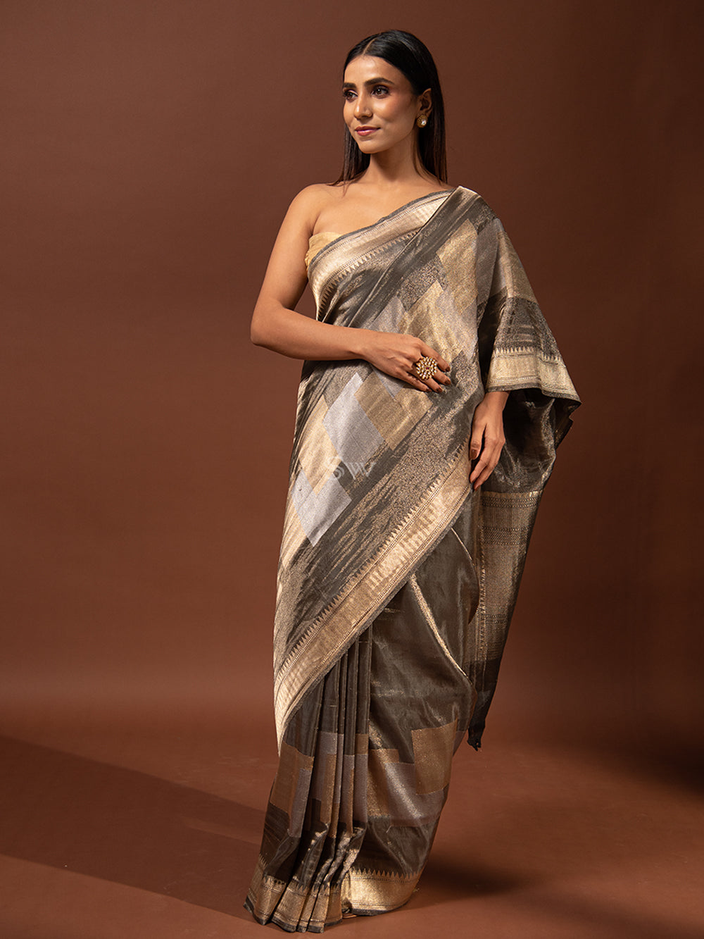 Dark Grey Katan Silk Tissue Handloom Banarasi Saree - Sacred Weaves