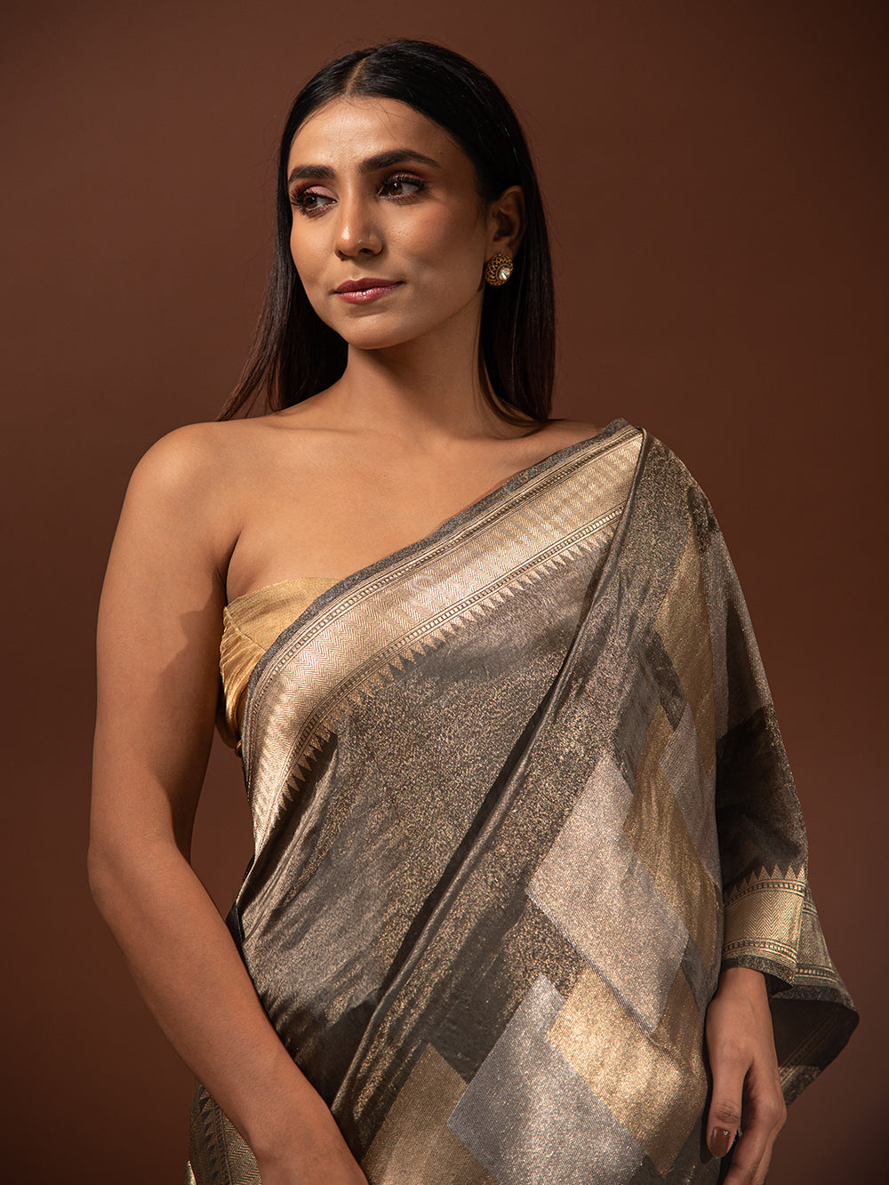 Dark Grey Katan Silk Tissue Handloom Banarasi Saree - Sacred Weaves