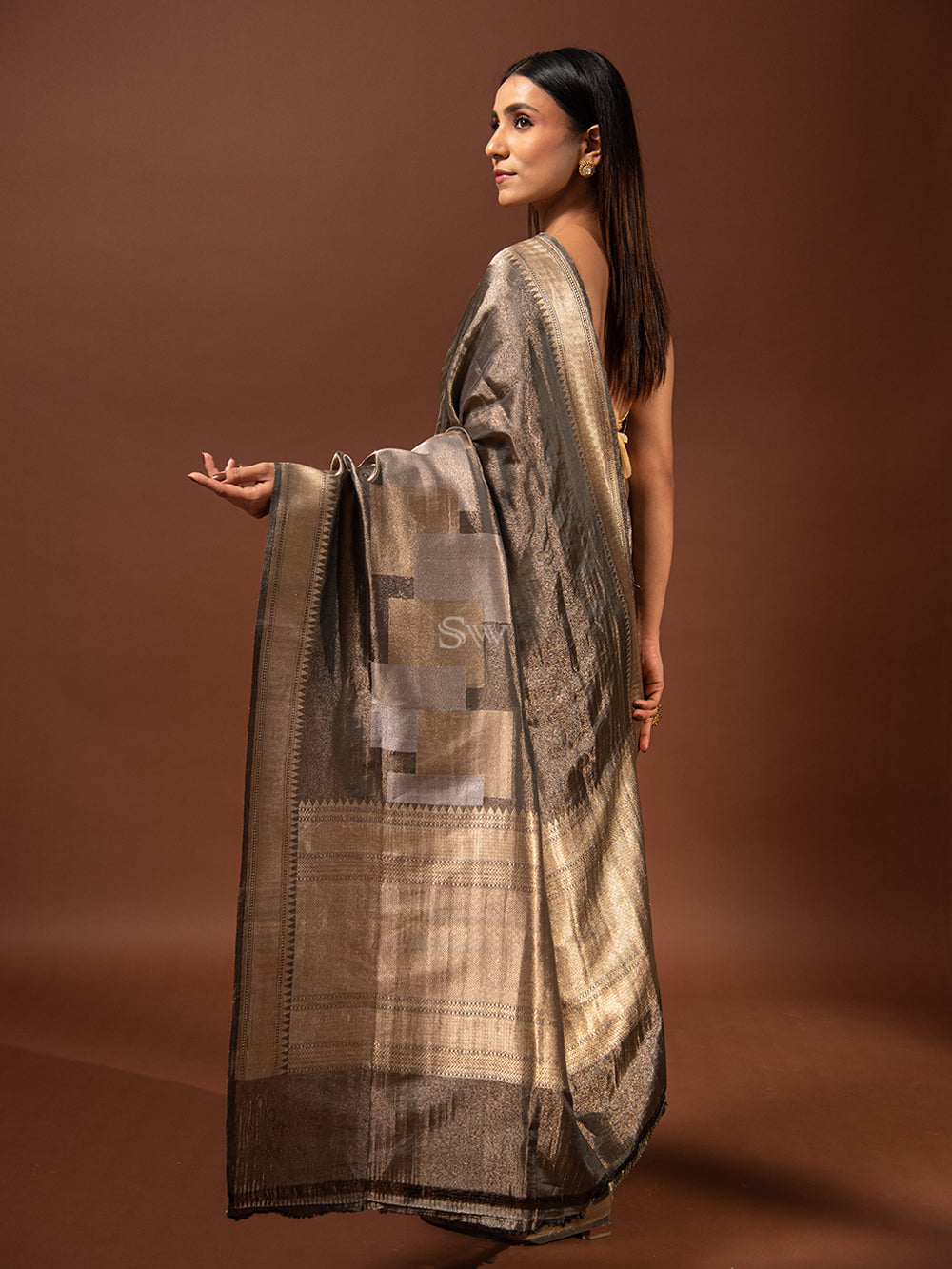 Dark Grey Katan Silk Tissue Handloom Banarasi Saree - Sacred Weaves