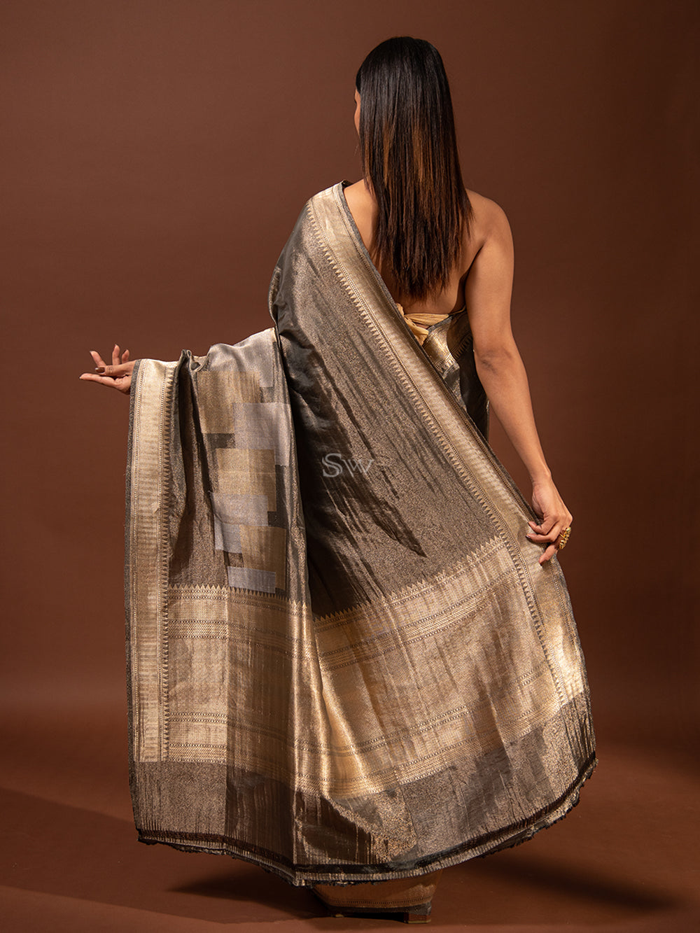 Dark Grey Katan Silk Tissue Handloom Banarasi Saree - Sacred Weaves