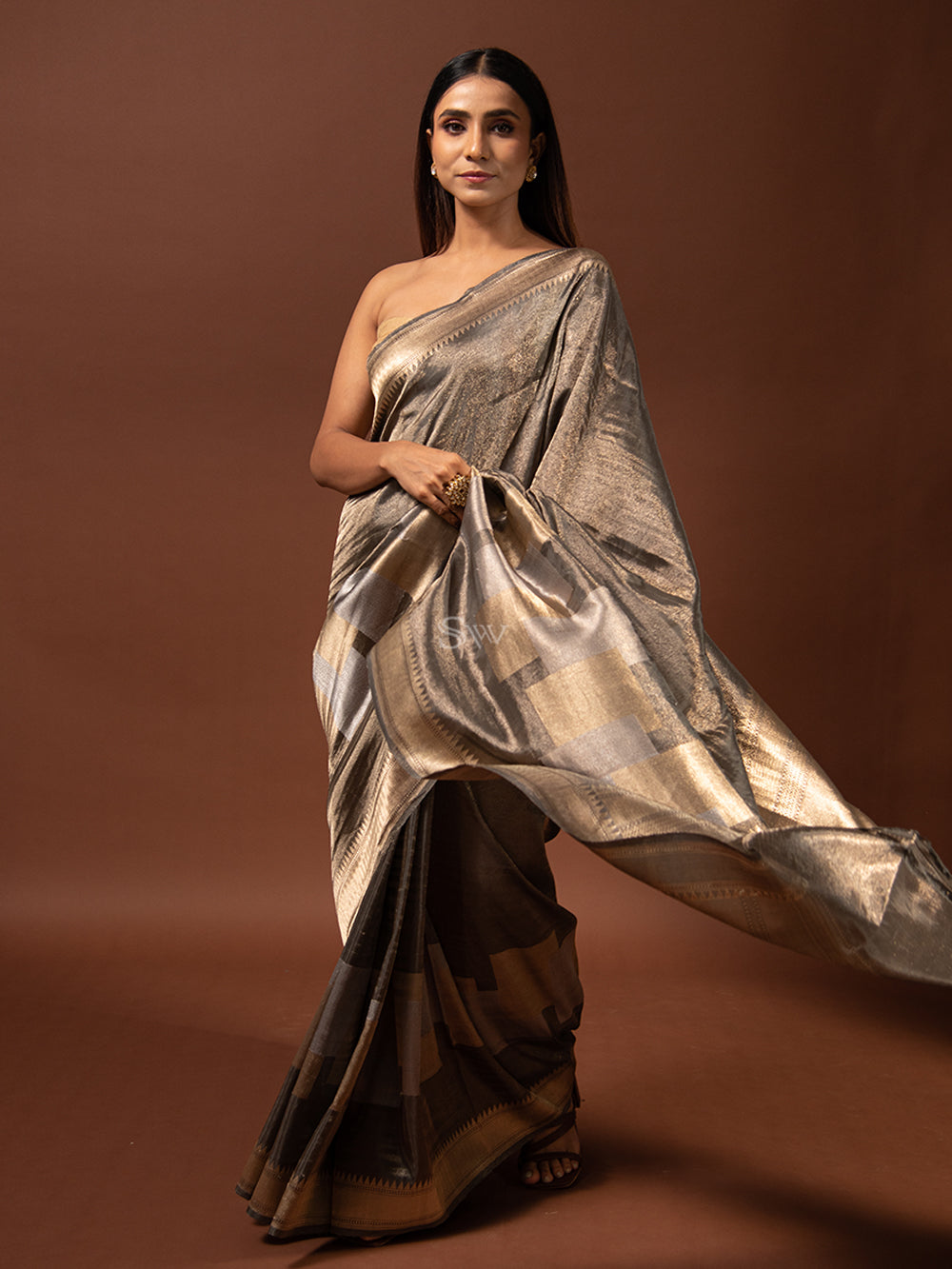 Dark Grey Katan Silk Tissue Handloom Banarasi Saree - Sacred Weaves