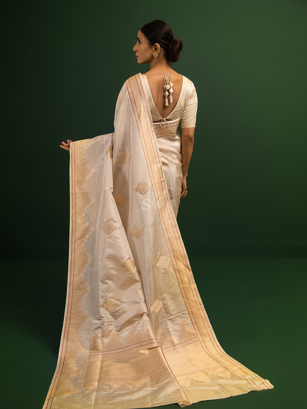 Cream Katan Silk Tissue Handloom Banarasi Saree - Sacred Weaves