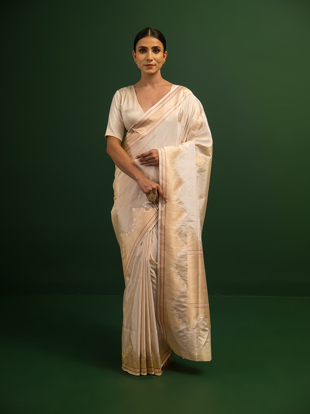 Cream Katan Silk Tissue Handloom Banarasi Saree - Sacred Weaves