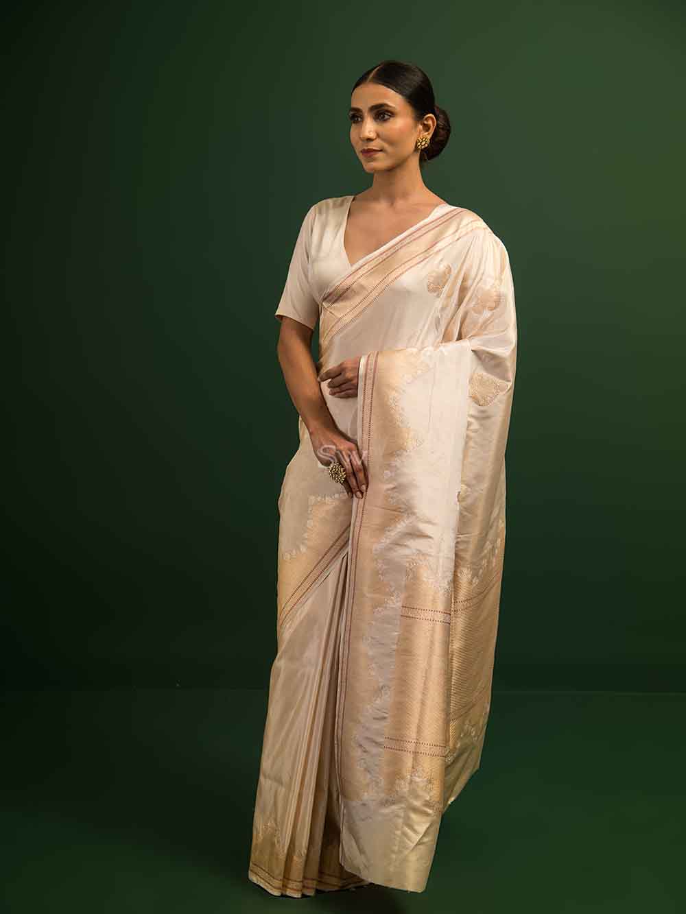 Cream Katan Silk Tissue Handloom Banarasi Saree - Sacred Weaves