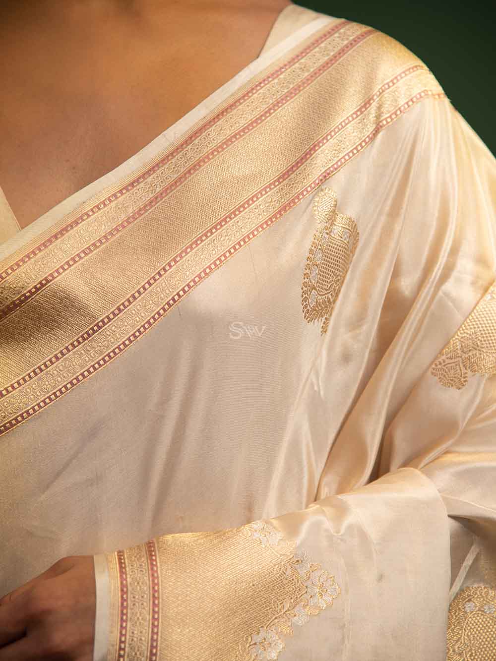 Cream Katan Silk Tissue Handloom Banarasi Saree - Sacred Weaves