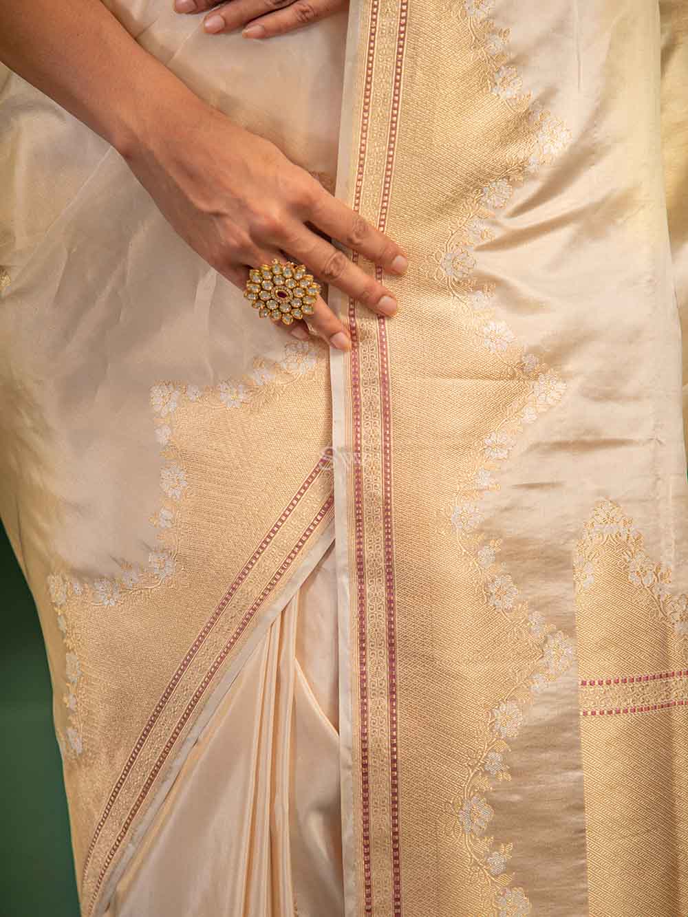 Cream Katan Silk Tissue Handloom Banarasi Saree - Sacred Weaves