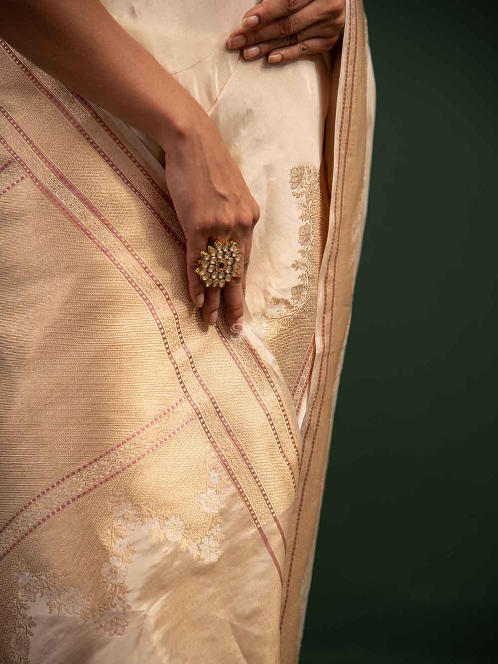 Cream Katan Silk Tissue Handloom Banarasi Saree - Sacred Weaves