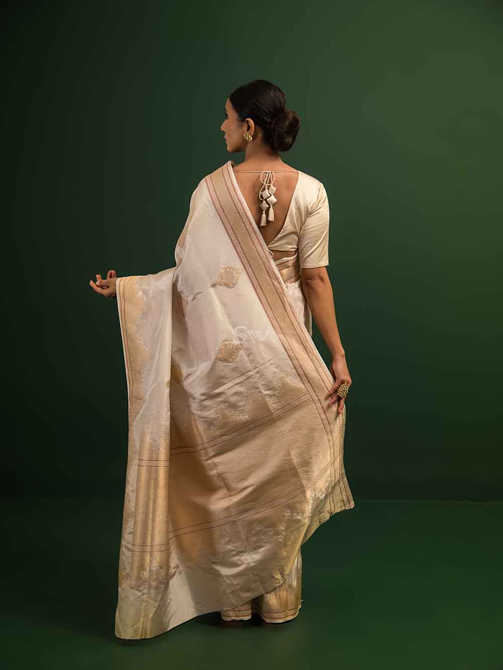 Cream Katan Silk Tissue Handloom Banarasi Saree - Sacred Weaves