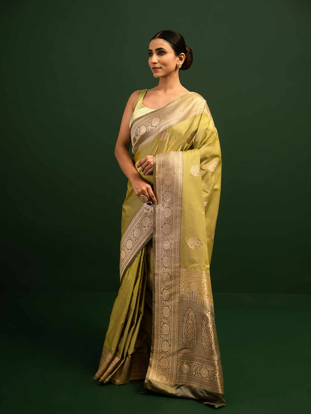 Pista Green Satin Silk Handloom Banarasi Saree - Sacred Weaves