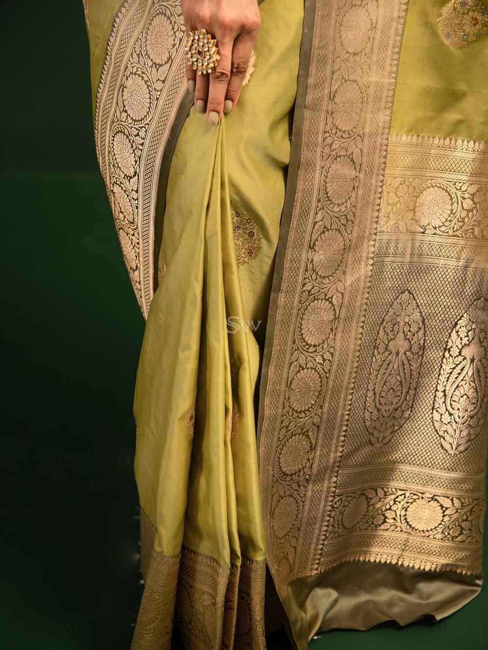 Pista Green Satin Silk Handloom Banarasi Saree - Sacred Weaves