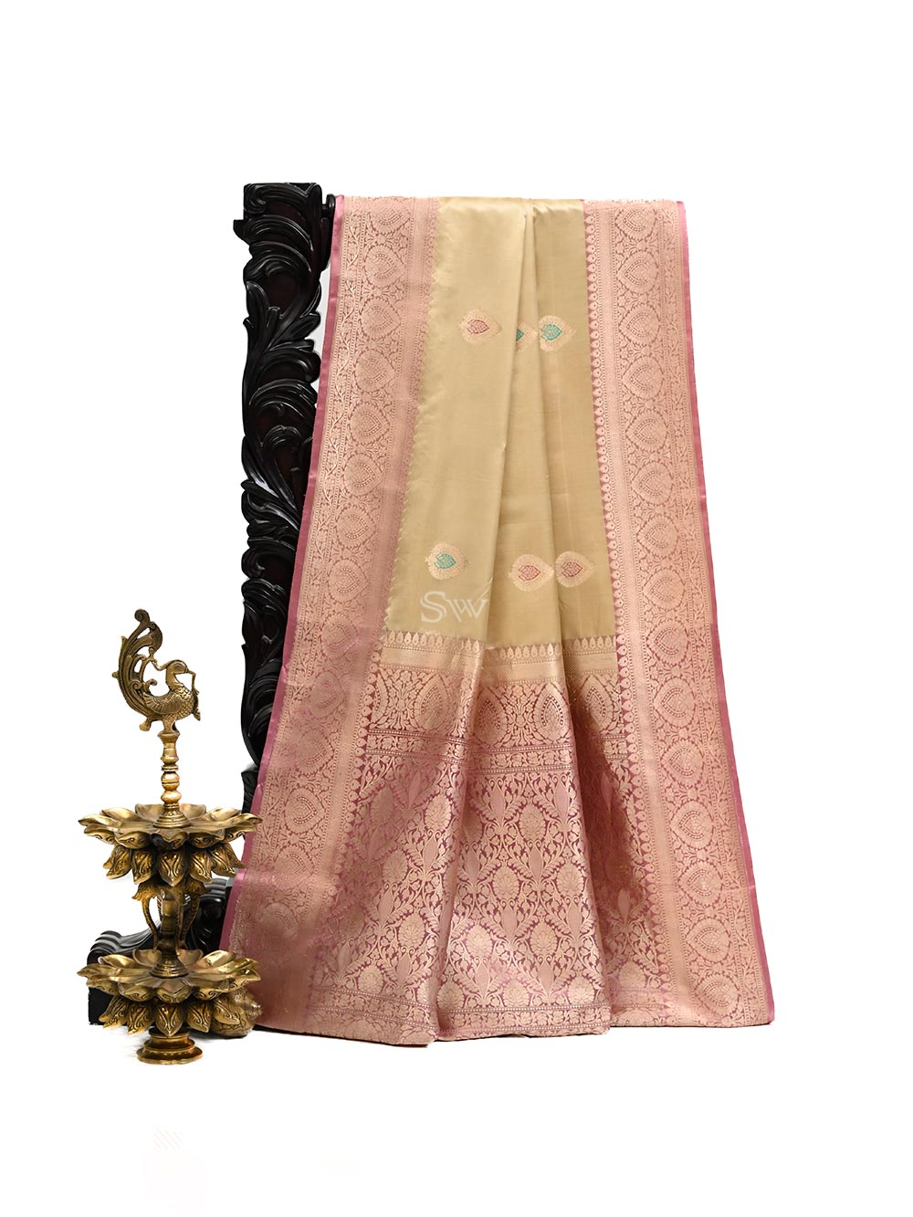 Cream Boota Satin Silk Handloom Banarasi Saree - Sacred Weaves