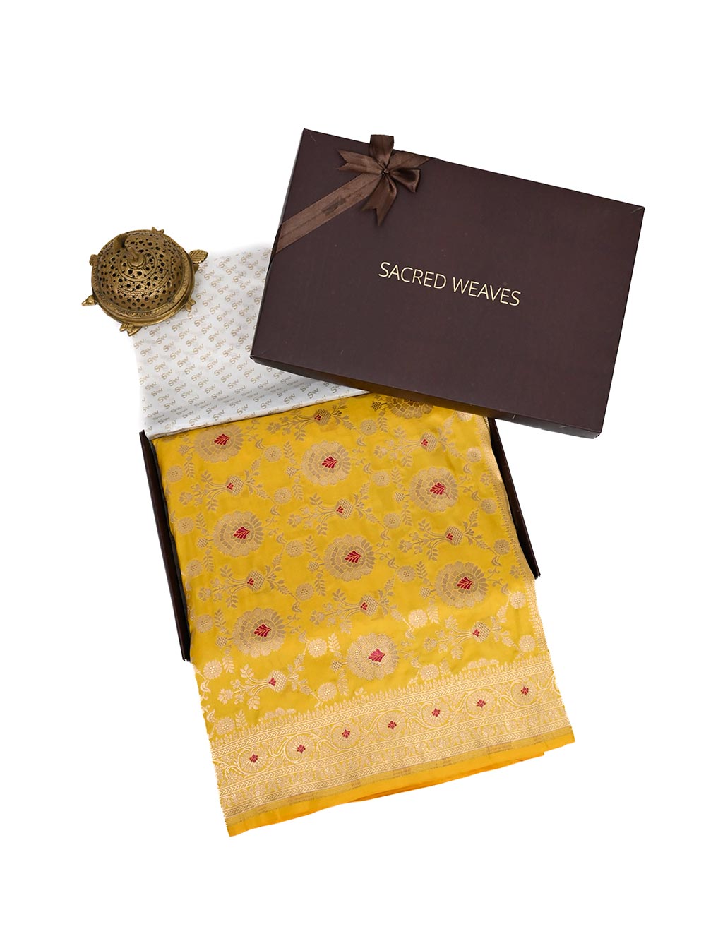 Yellow Meenakari Uppada Katan Silk Handloom Banarasi Saree - Gift Box - Sacred Weaves