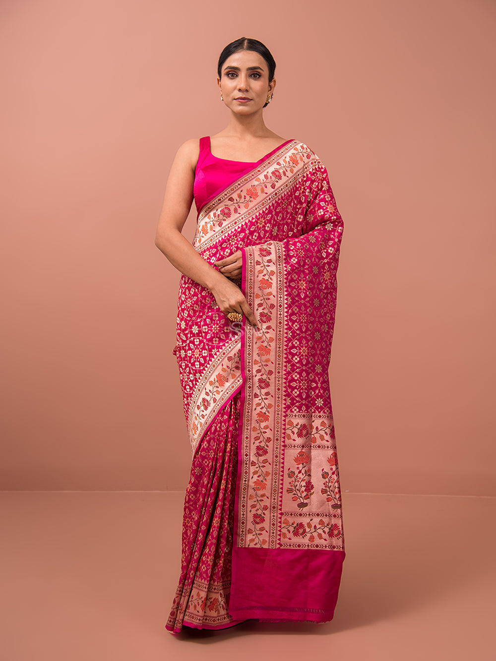 Magenta Paithani Meenakari Katan Silk Handloom Banarasi Saree - Sacred Weaves
