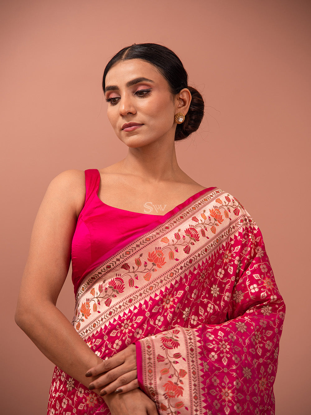 Magenta Paithani Meenakari Katan Silk Handloom Banarasi Saree - Sacred Weaves