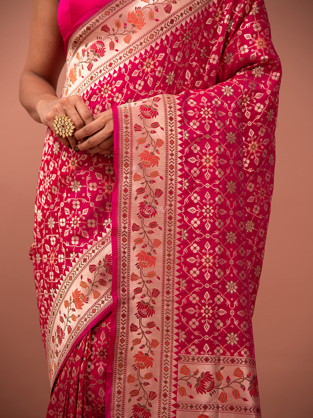 Magenta Paithani Meenakari Katan Silk Handloom Banarasi Saree - Sacred Weaves