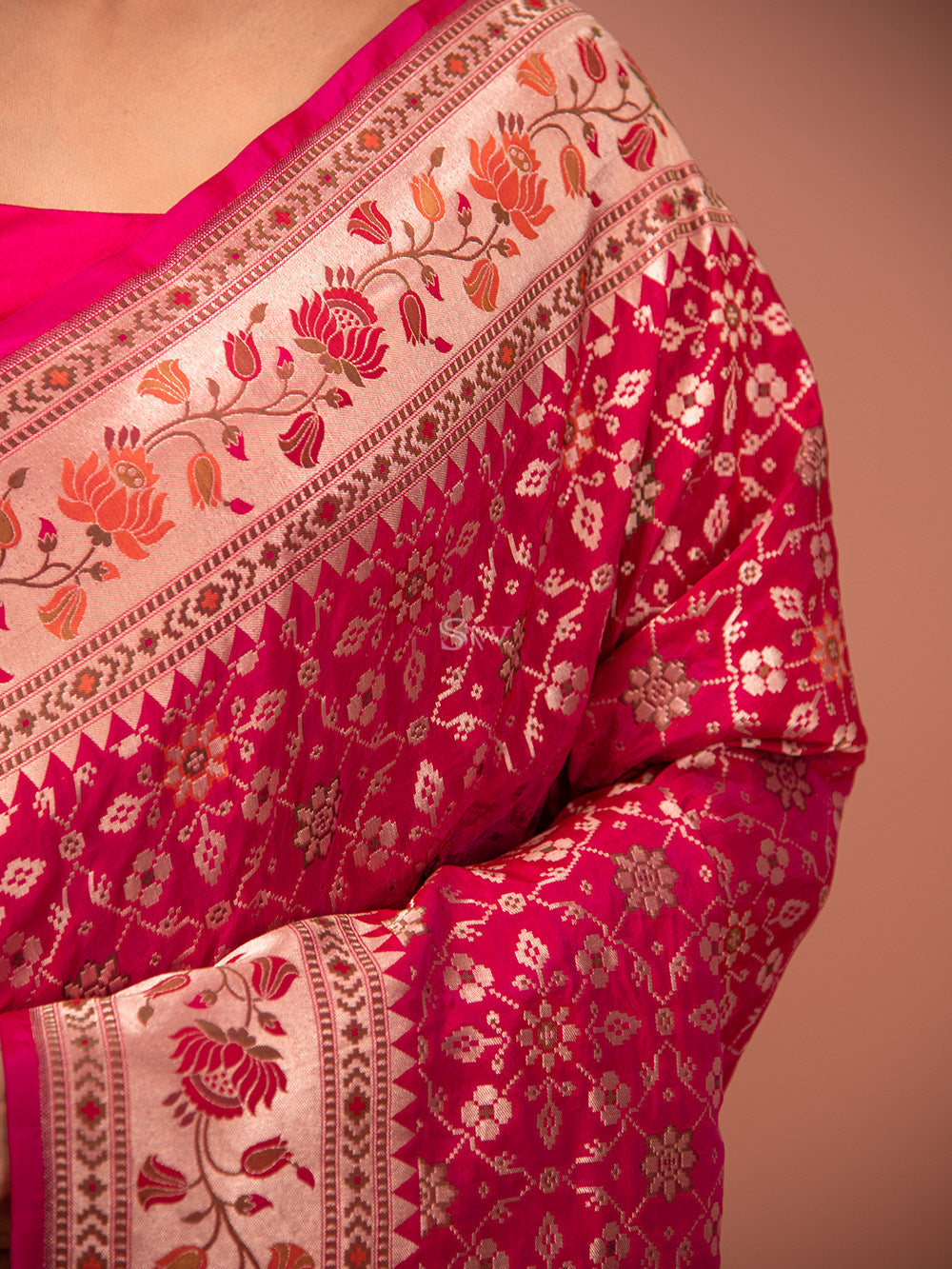 Magenta Paithani Meenakari Katan Silk Handloom Banarasi Saree - Sacred Weaves