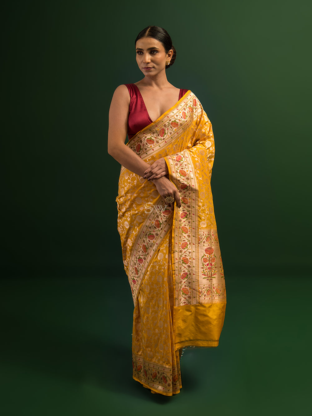 Yellow Paithani Katan Silk Handloom Banarasi Saree - Sacred Weaves