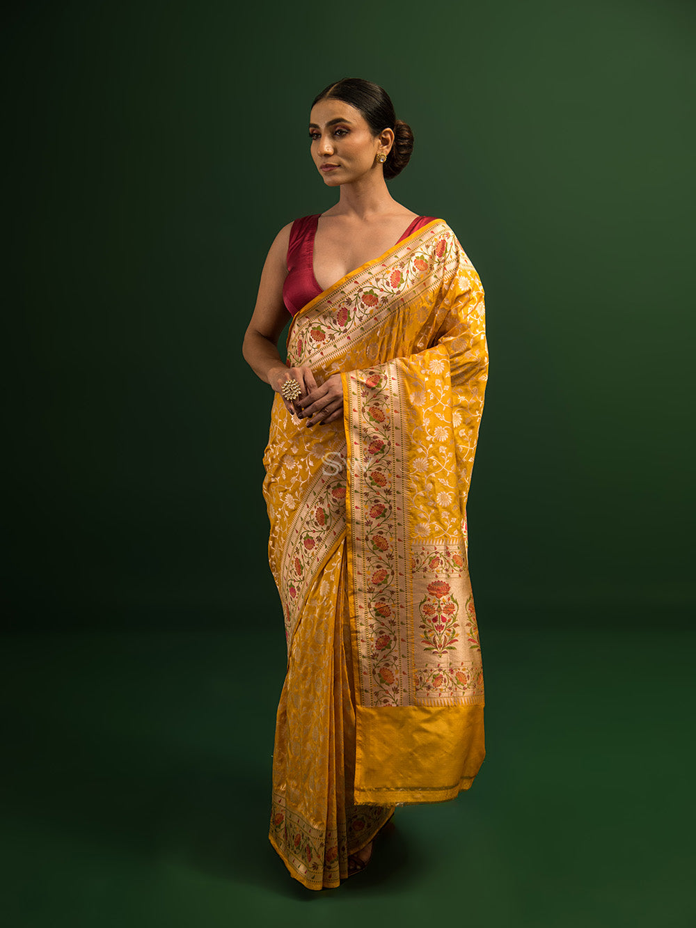 Yellow Paithani Katan Silk Handloom Banarasi Saree - Sacred Weaves