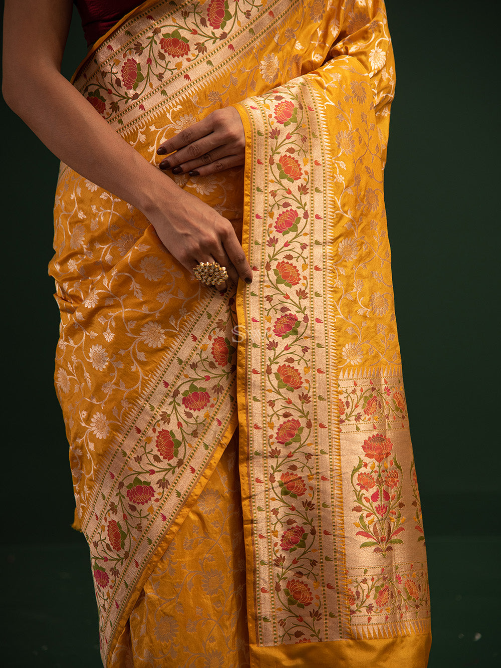 Yellow Paithani Katan Silk Handloom Banarasi Saree - Sacred Weaves