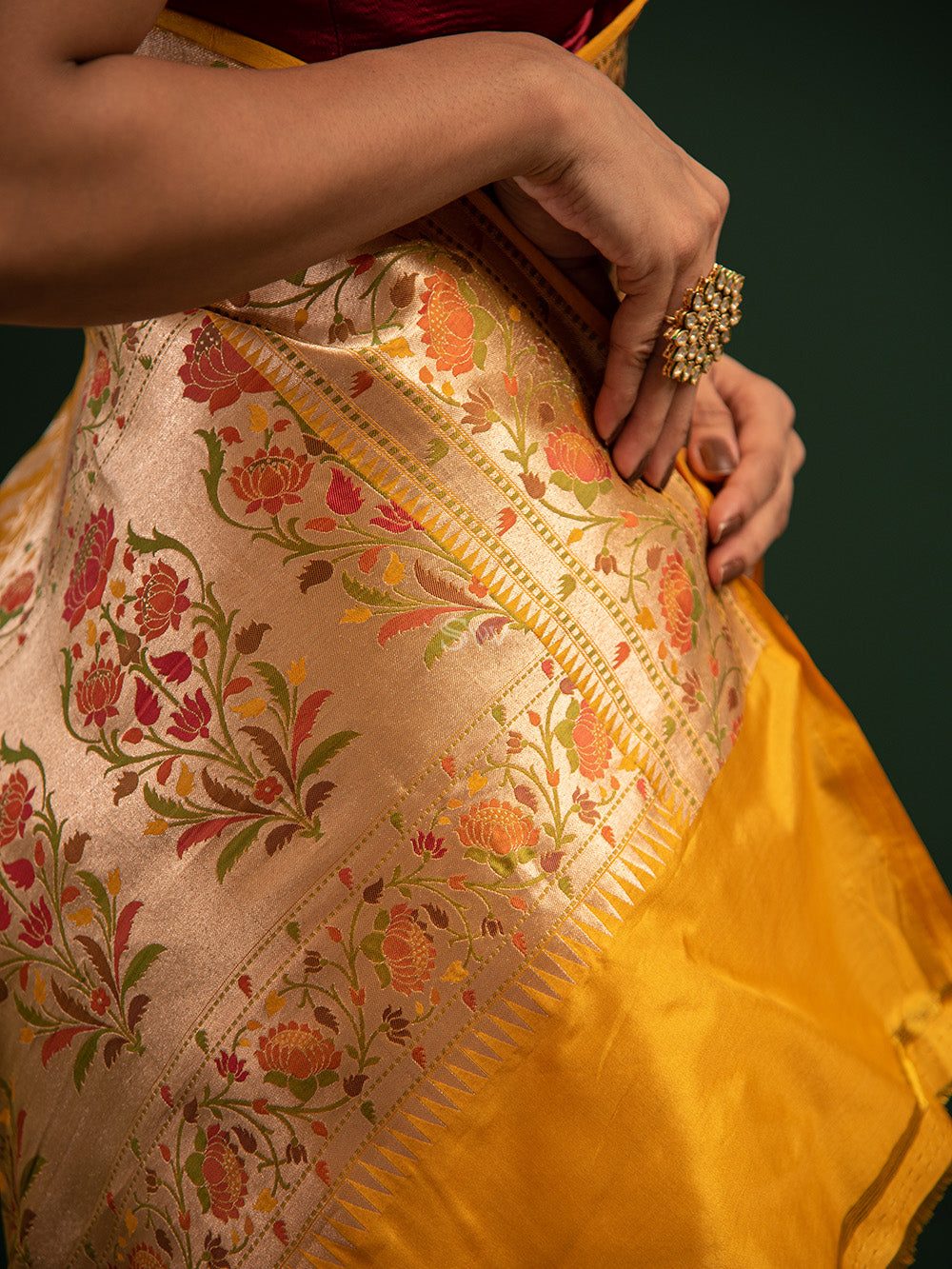 Yellow Paithani Katan Silk Handloom Banarasi Saree - Sacred Weaves