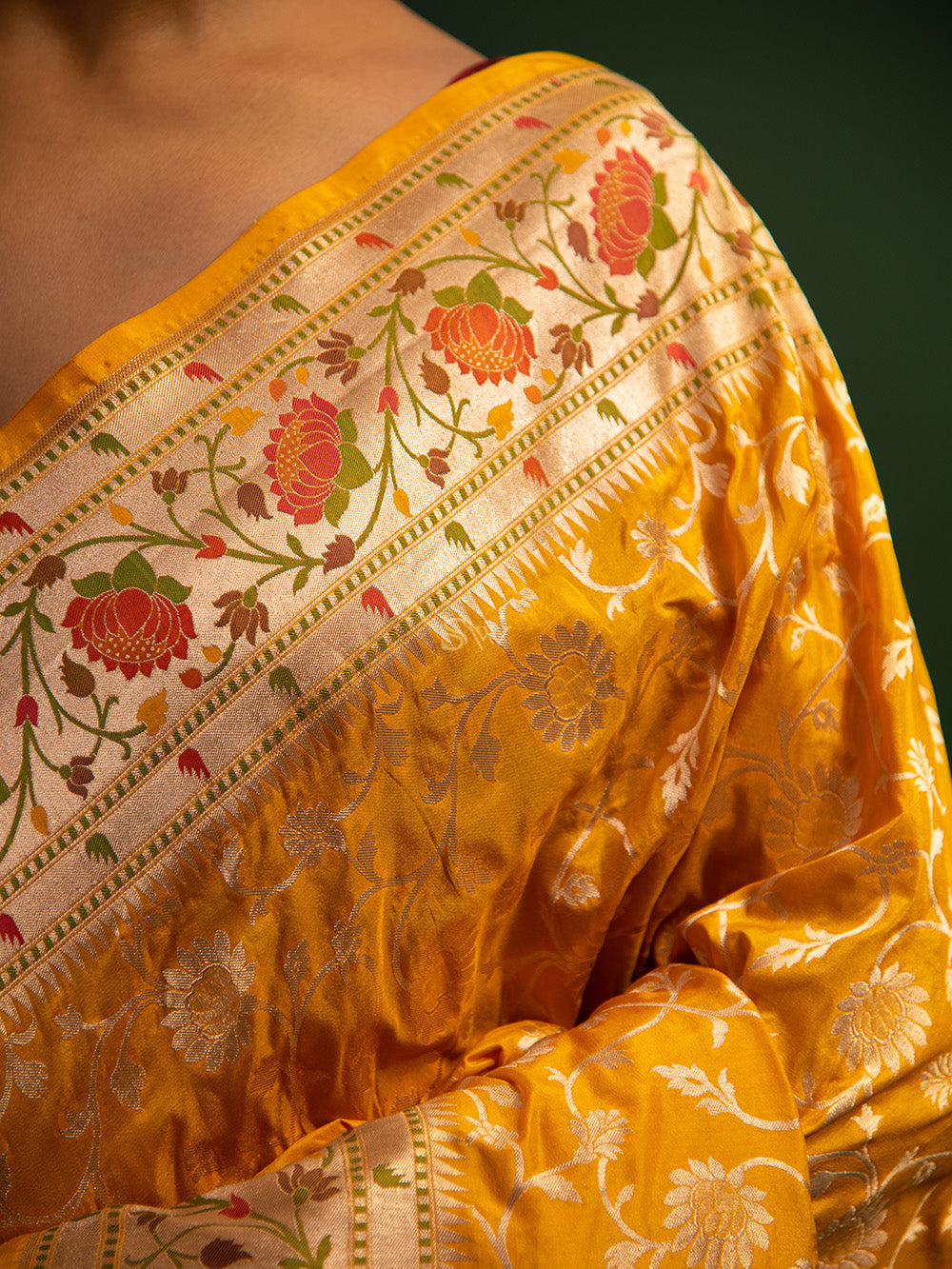 Yellow Paithani Katan Silk Handloom Banarasi Saree - Sacred Weaves