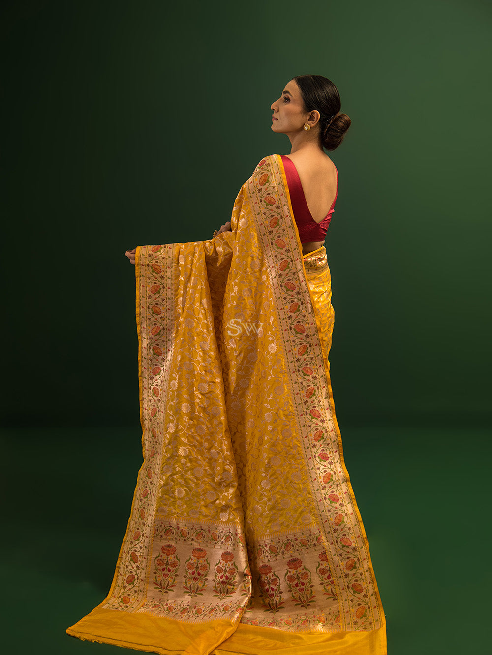 Yellow Paithani Katan Silk Handloom Banarasi Saree - Sacred Weaves