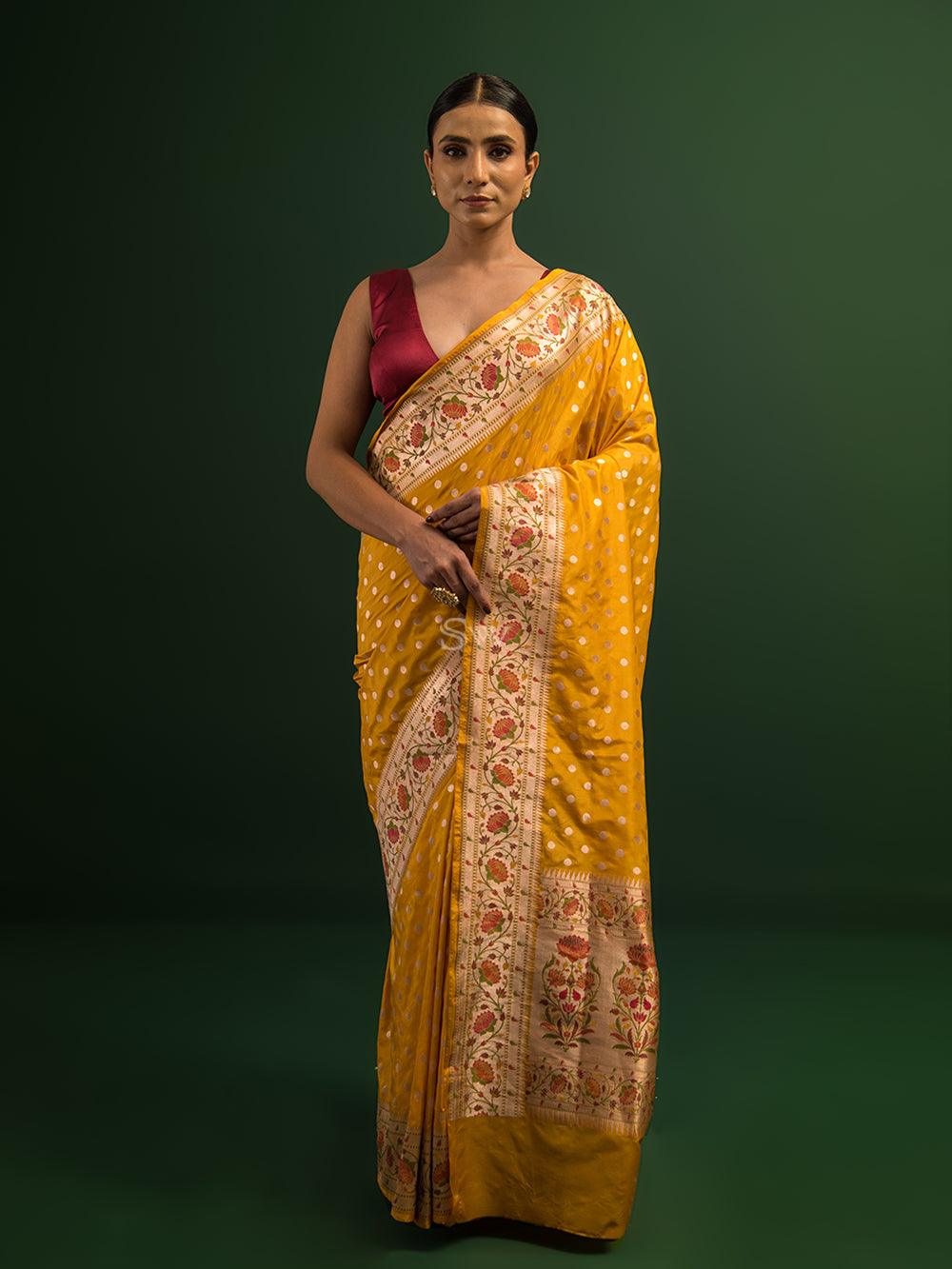 Mustard Paithani Katan Silk Handloom Banarasi Saree - Sacred Weaves