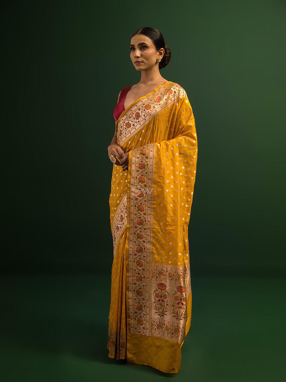 Mustard Paithani Katan Silk Handloom Banarasi Saree - Sacred Weaves