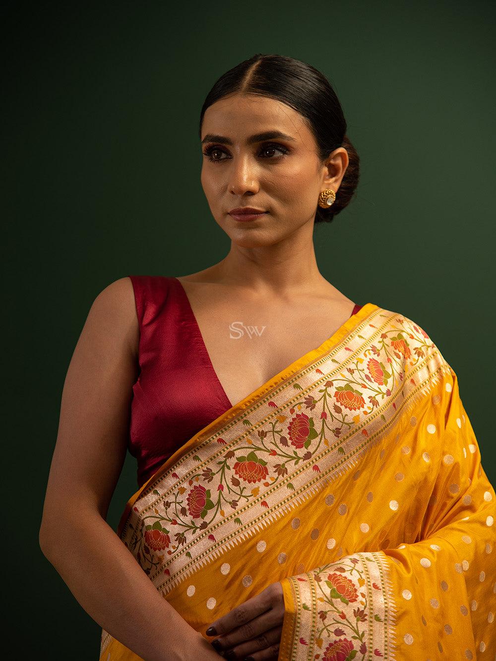 Mustard Paithani Katan Silk Handloom Banarasi Saree - Sacred Weaves