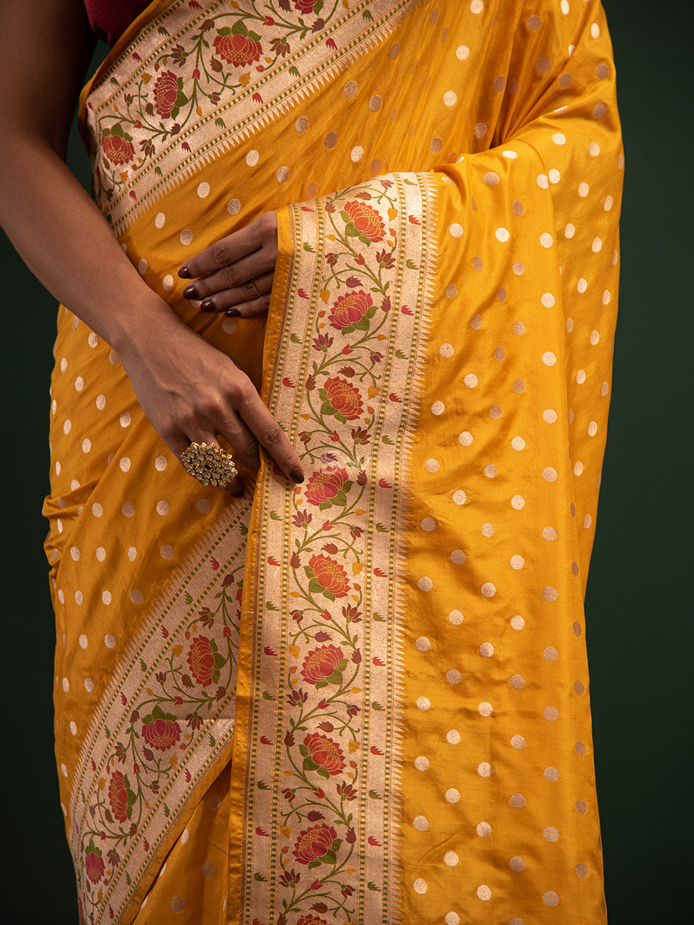 Mustard Paithani Katan Silk Handloom Banarasi Saree - Sacred Weaves