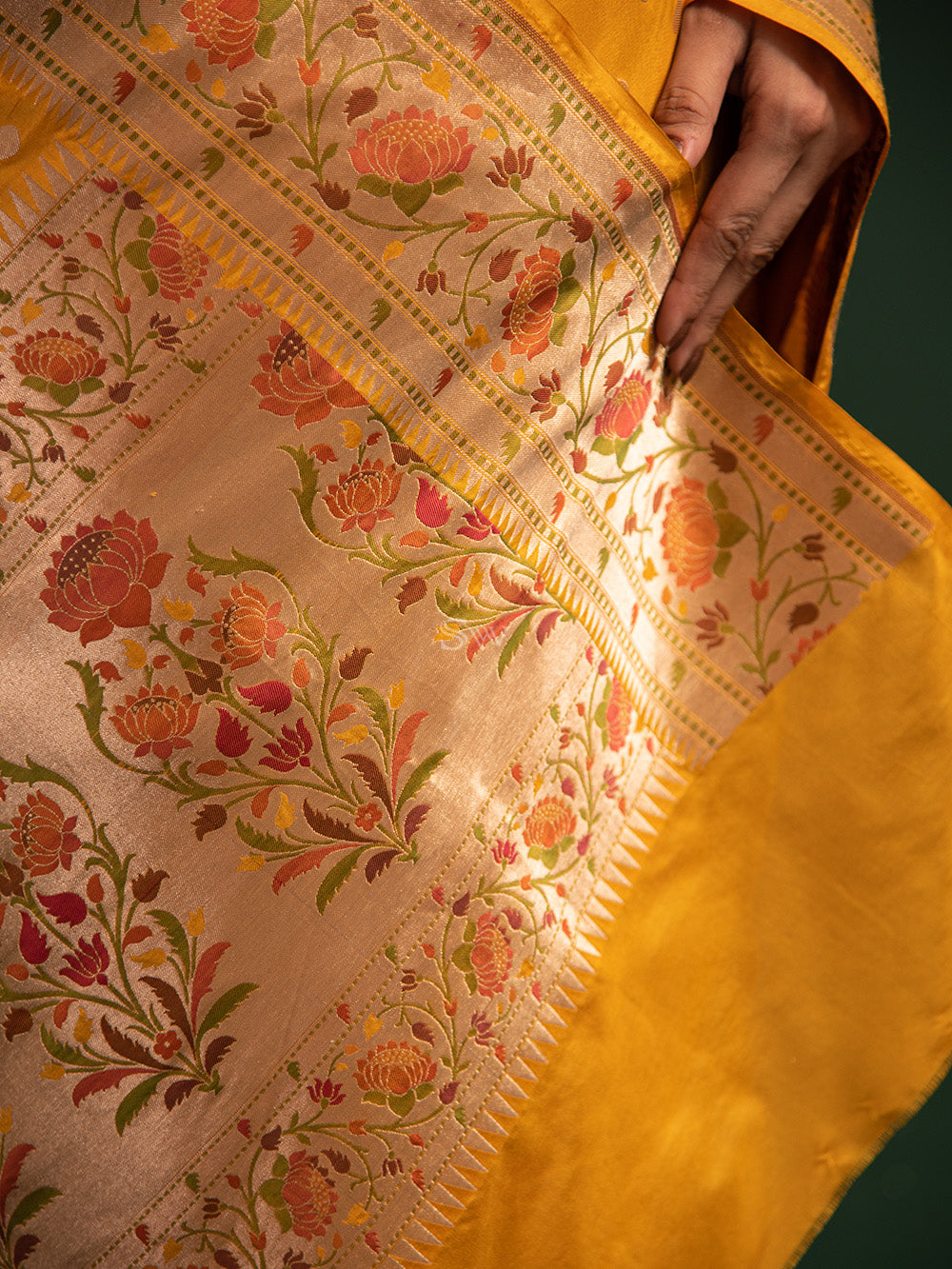 Mustard Paithani Katan Silk Handloom Banarasi Saree - Sacred Weaves
