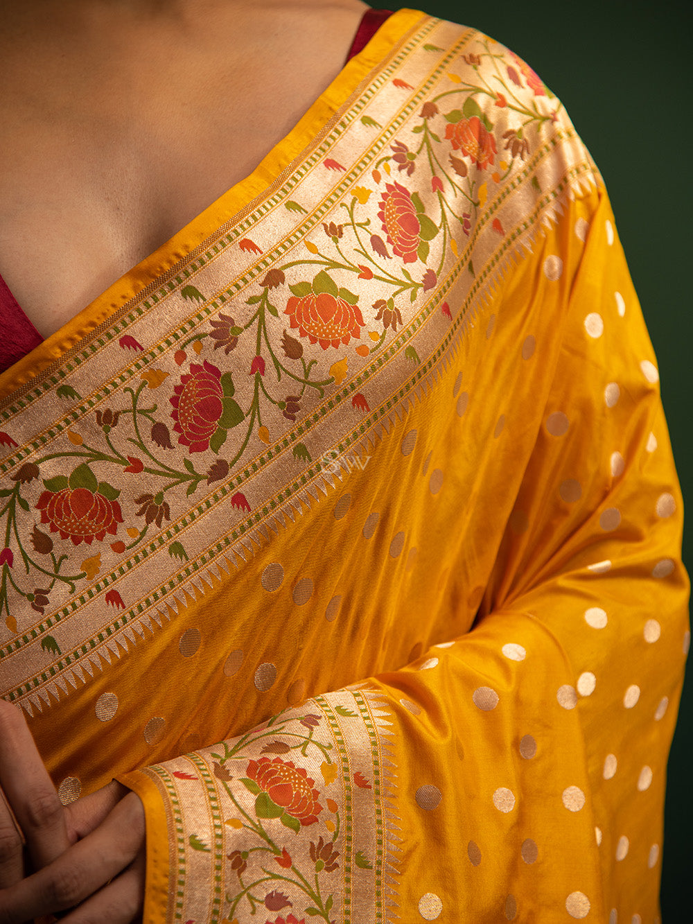 Mustard Paithani Katan Silk Handloom Banarasi Saree - Sacred Weaves