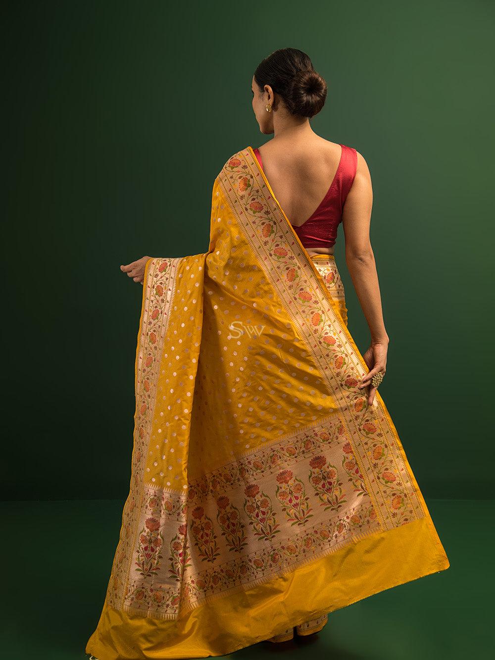 Mustard Paithani Katan Silk Handloom Banarasi Saree - Sacred Weaves