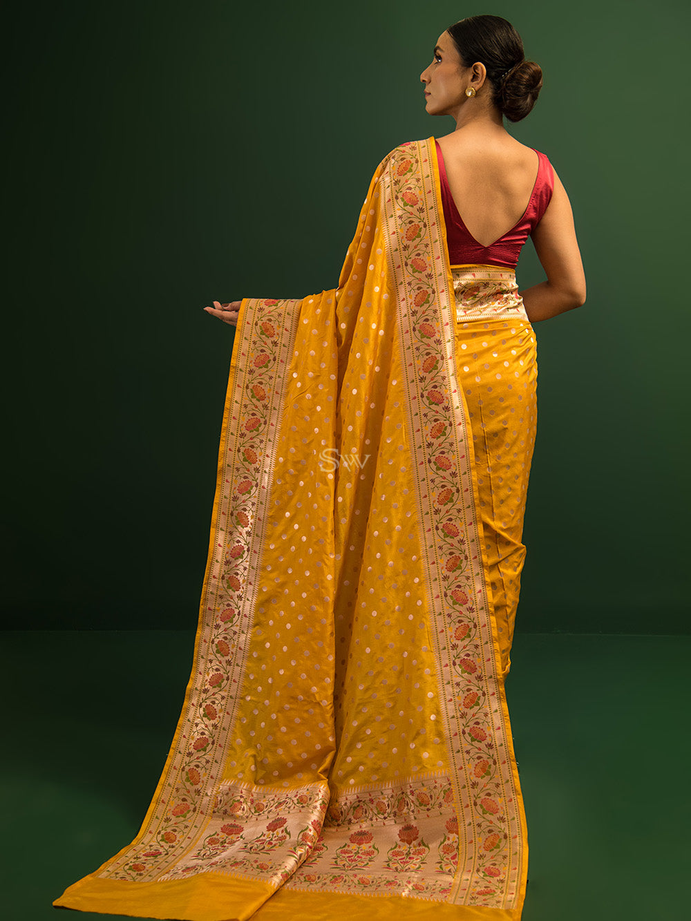 Mustard Paithani Katan Silk Handloom Banarasi Saree - Sacred Weaves