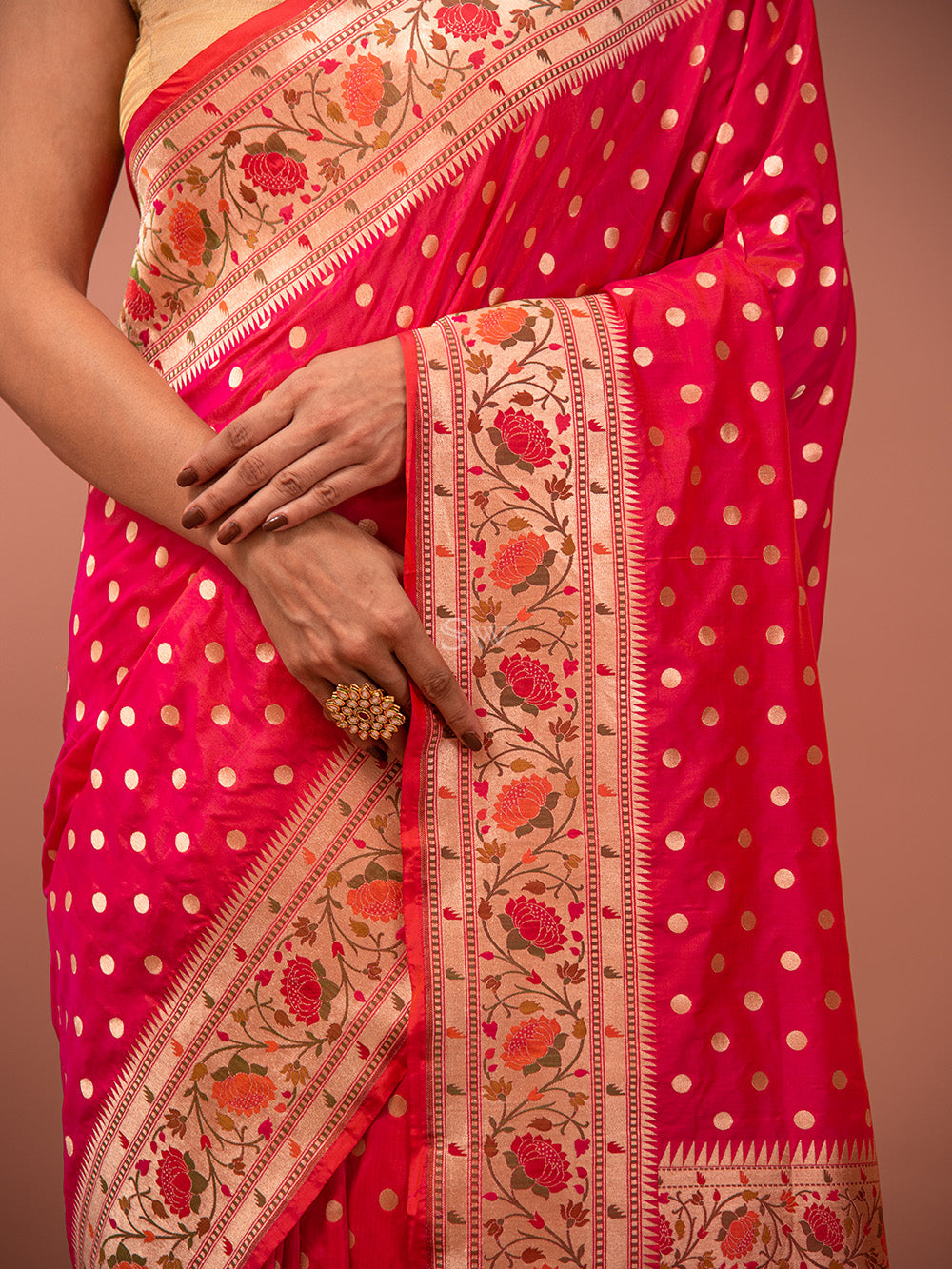 Pink Orange Paithani Katan Silk Handloom Banarasi Saree - Sacred Weaves