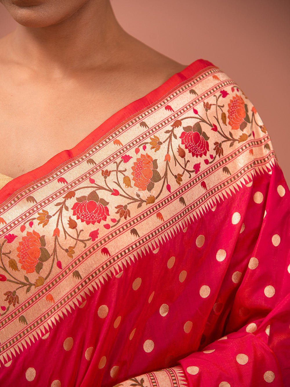 Pink Orange Paithani Katan Silk Handloom Banarasi Saree - Sacred Weaves