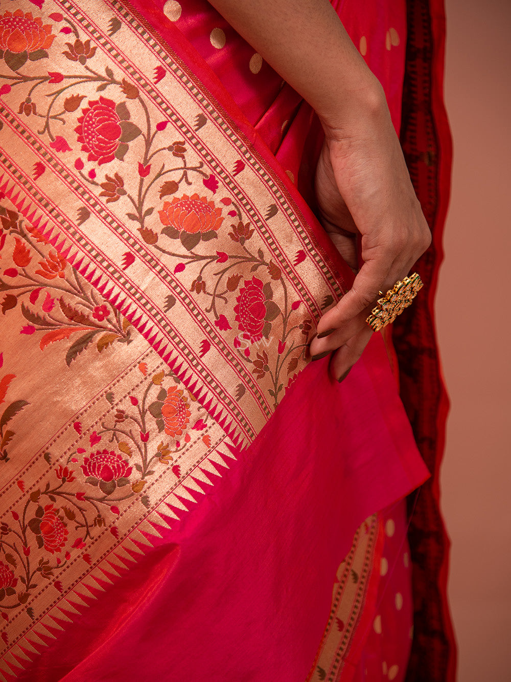 Pink Orange Paithani Katan Silk Handloom Banarasi Saree - Sacred Weaves