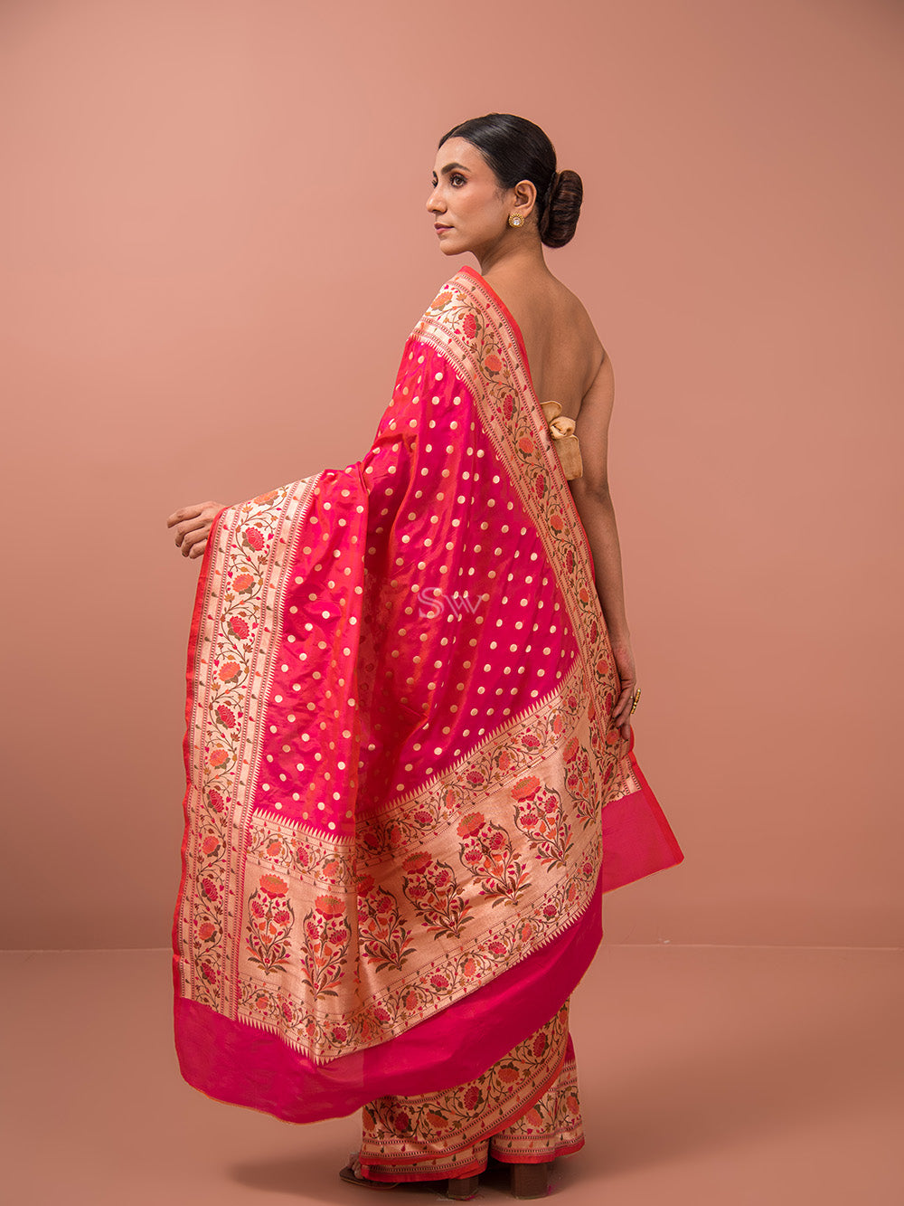 Pink Orange Paithani Katan Silk Handloom Banarasi Saree - Sacred Weaves