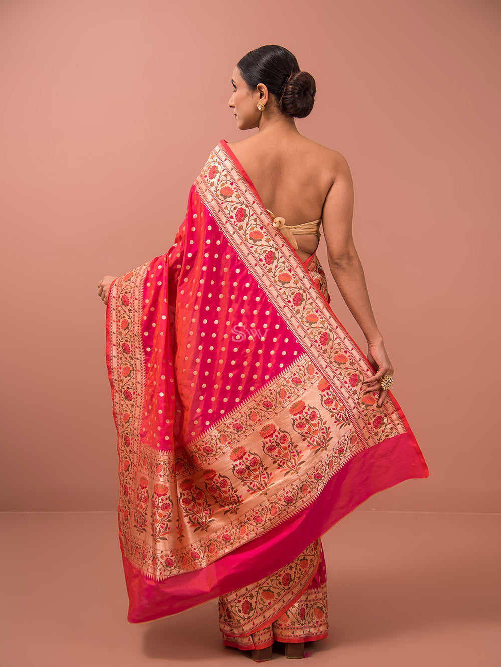 Pink Orange Paithani Katan Silk Handloom Banarasi Saree - Sacred Weaves