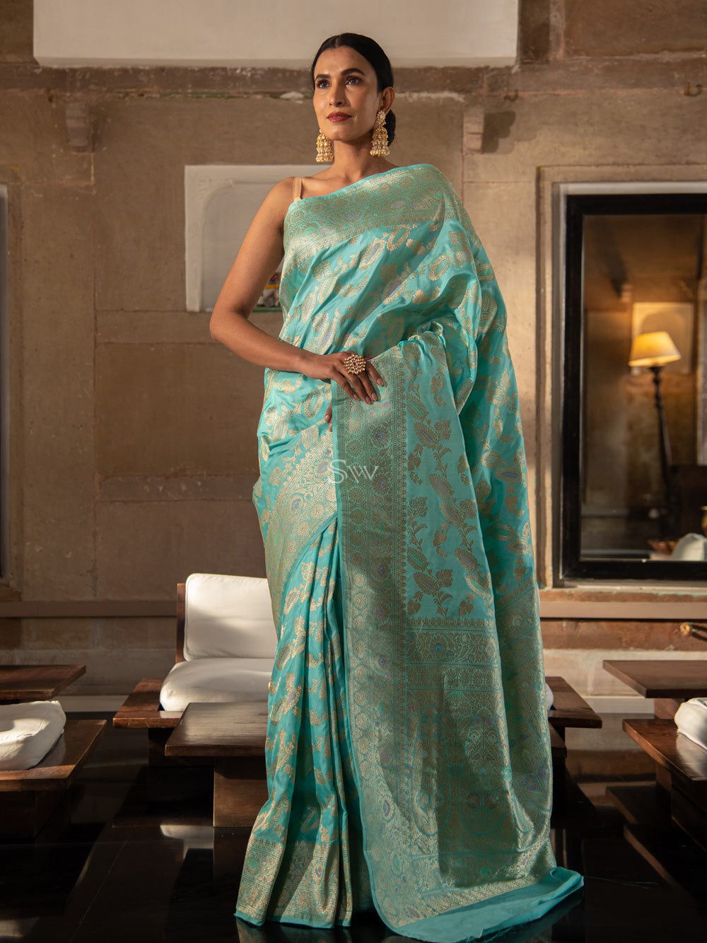 Aqua Blue Meenakari Katan Silk Handloom Banarasi Saree - Sacred Weaves