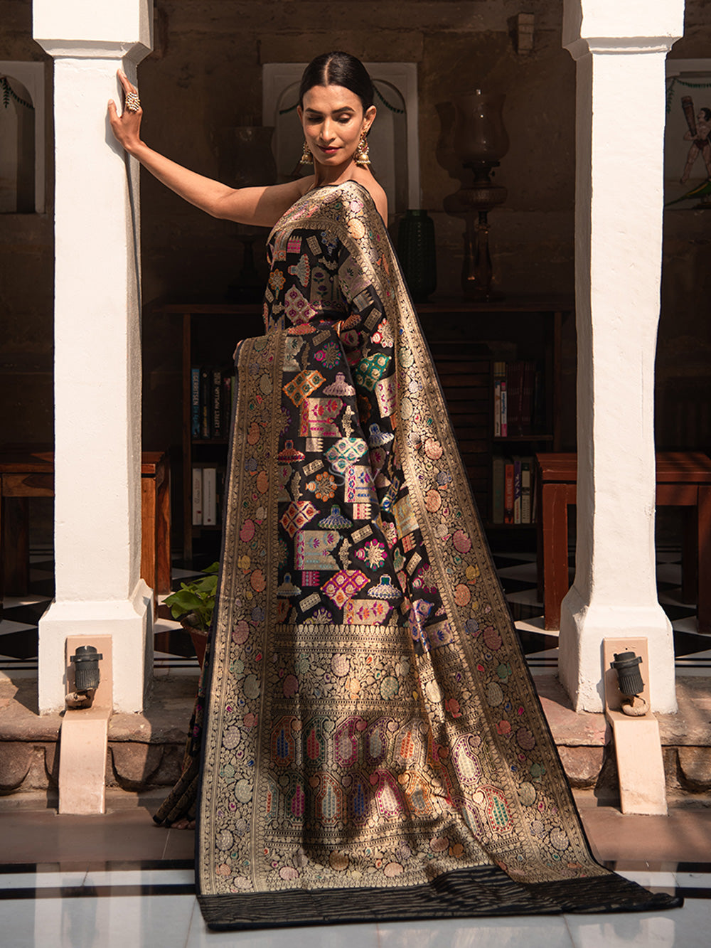 Black Meenakari Katan Silk Handloom Banarasi Saree - Sacred Weaves